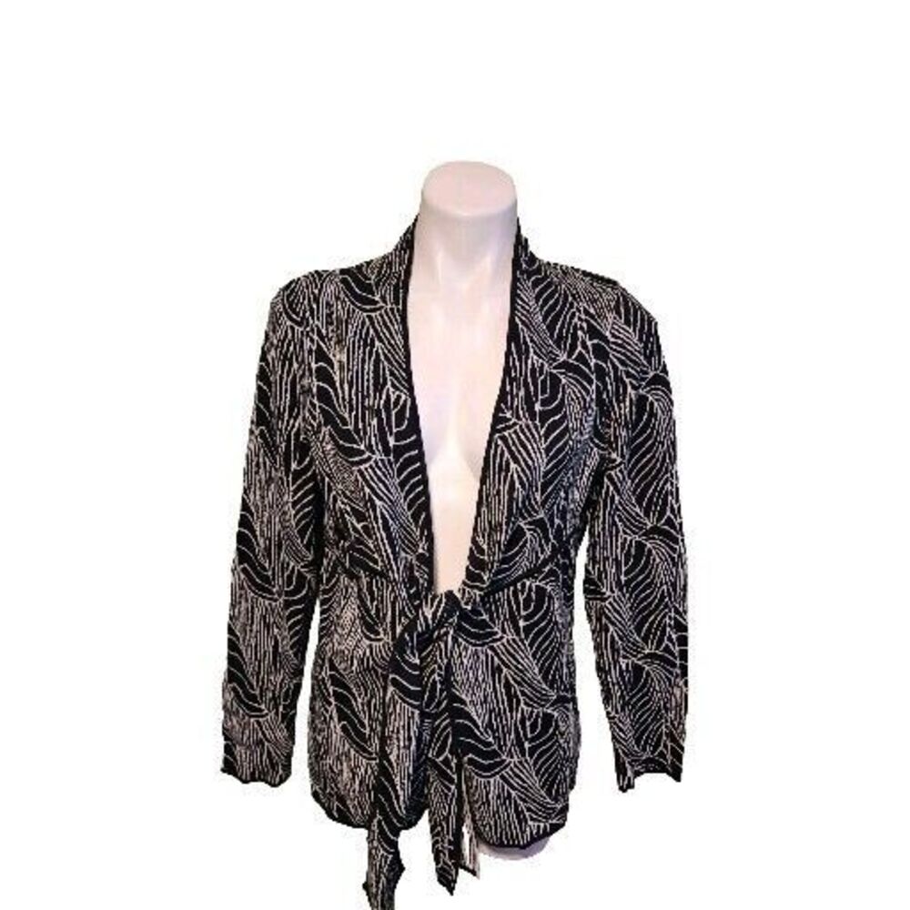 Dana Buchman Women's Medium Cardigan Sweater Black White Abstract Tie Front New - Picture 10 of 10